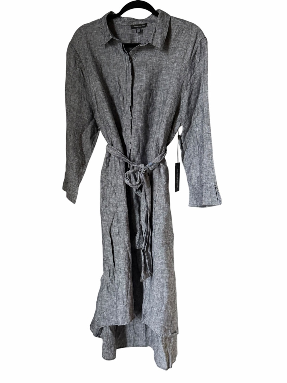 Saks Fifth Avenue Gray Blue 100% Linen Tie-Waist Midi Maxi Dress Lightweight
